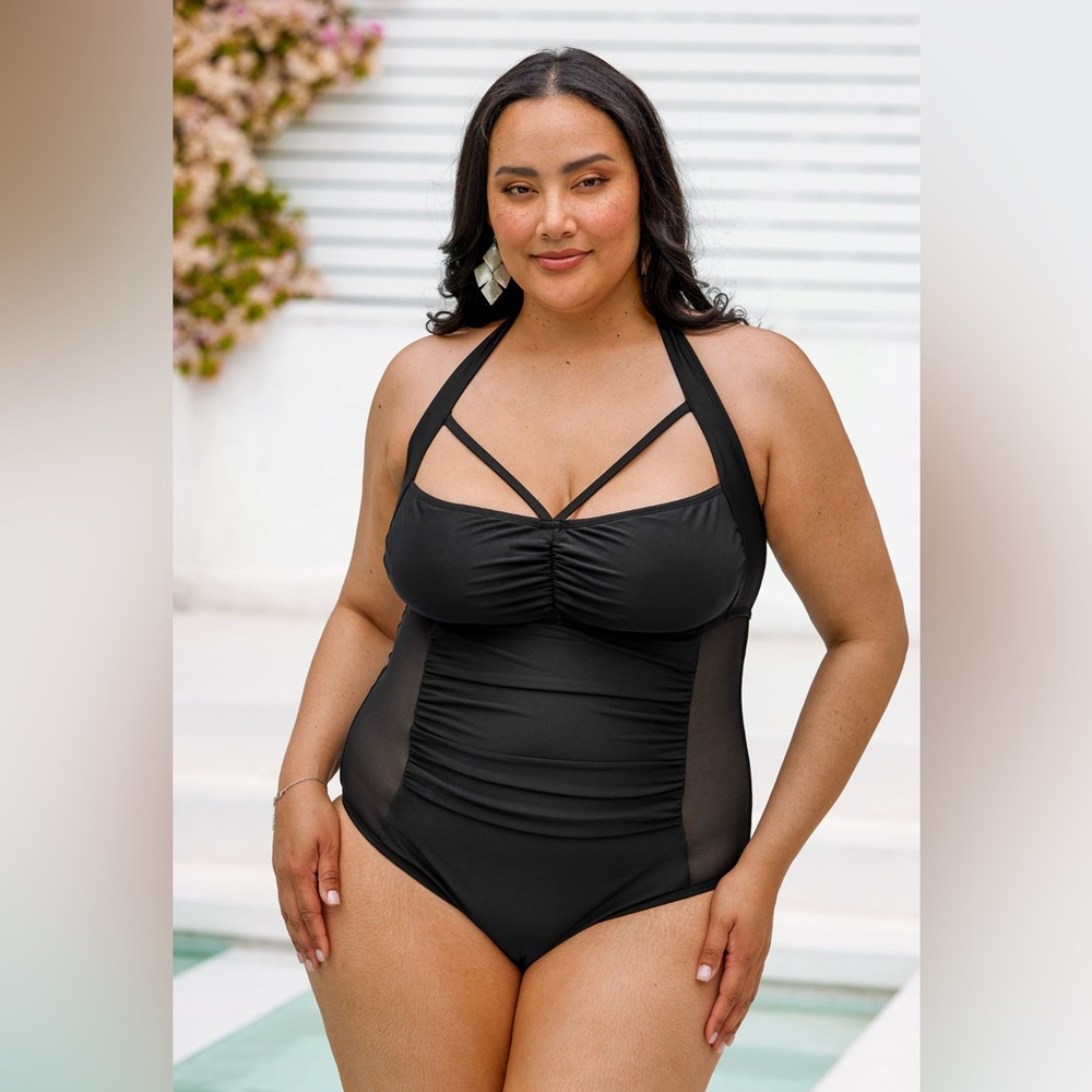 CUPSHE Emerge Strappy Shirred Mesh Panel Plus Size One Piece Swimsuit Size 1X